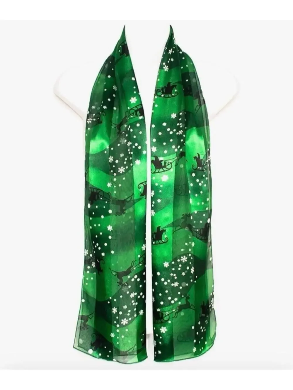 Christmas Reindeer Sleigh Scarf Green Holiday Winter Chiffon Festive Neck Wrap
